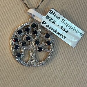 Blue Sapphire ‘Tree of Life’ silver Pendant Necklace. Genuine stones.
